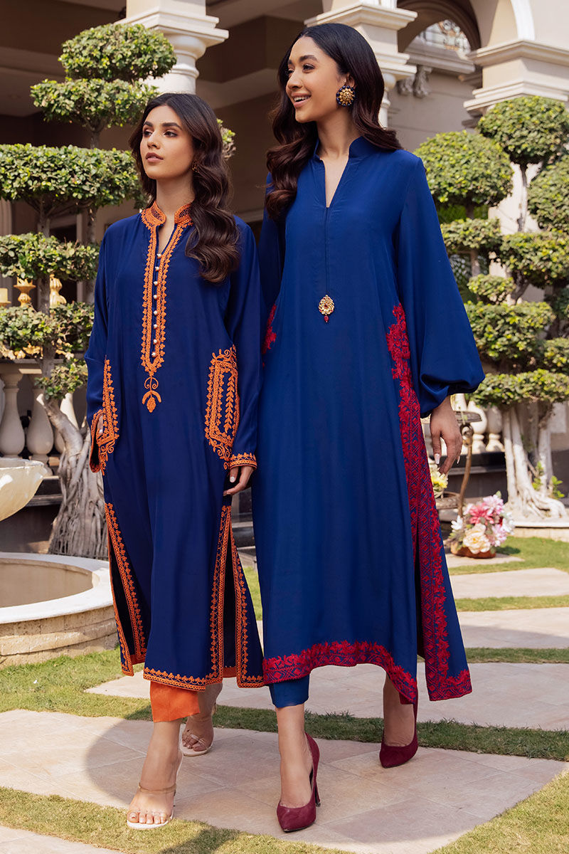Pakistani Blue Embroidered Silk Salwar Kameez (2-Piece) - Image 4