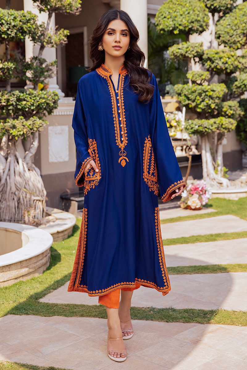Blue Embroidered Silk Salwar Kameez (2-Piece) - Image 1