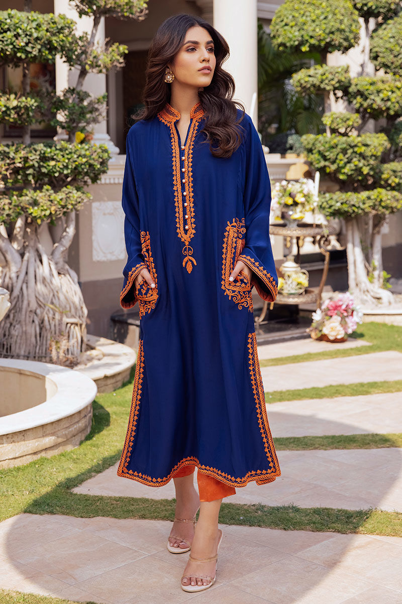 Blue Embroidered Silk Salwar Kameez (2-Piece) - Image 2