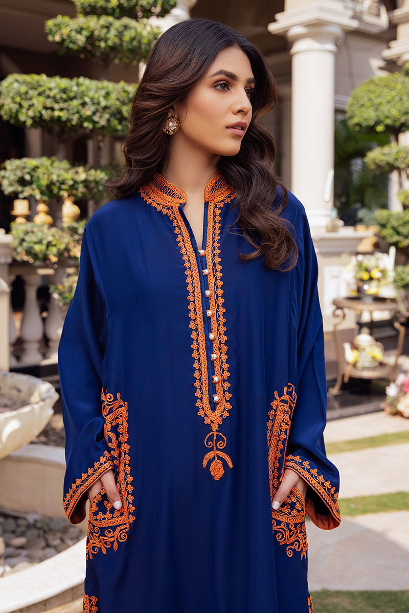 Blue Embroidered Silk Salwar Kameez (2-Piece) - Image 3