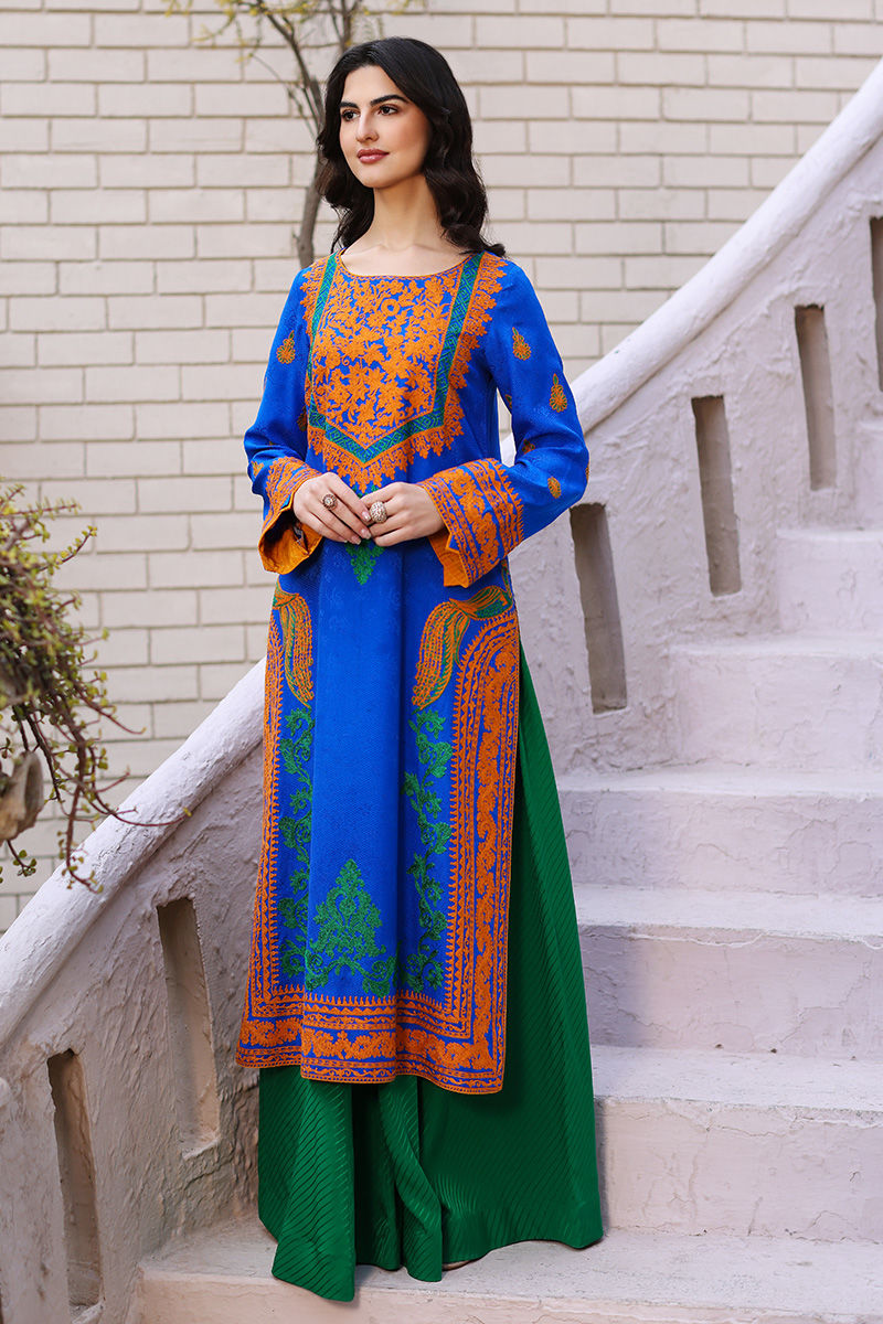 Pakistani Electric Blue Embroidered Silk Long Shirt (2-Piece) - Image 1