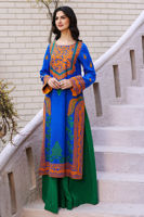 Pakistani Electric Blue Embroidered Silk Long Shirt (2-Piece) - Image 2