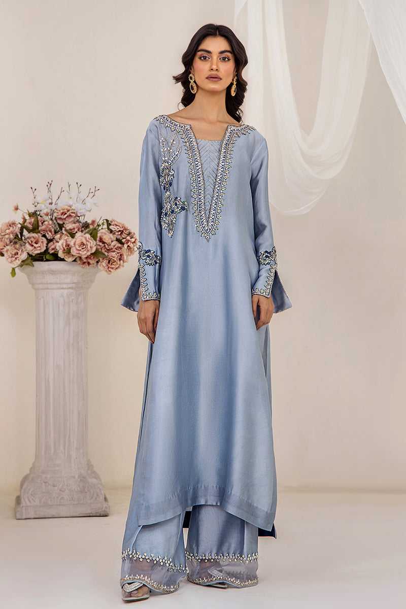 Pakistani Ice Blue Embroidered Silk Tissue Salwar Kameez (3-Piece) - Image 1