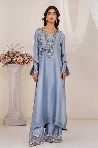 Pakistani Ice Blue Embroidered Silk Tissue Salwar Kameez (3-Piece) - Image 2