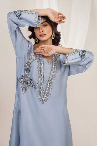Pakistani Ice Blue Embroidered Silk Tissue Salwar Kameez (3-Piece) - Image 3