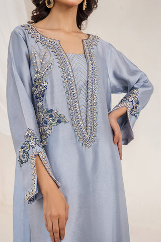 Pakistani Ice Blue Embroidered Silk Tissue Salwar Kameez (3-Piece) - Image 4
