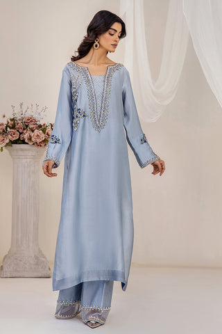 Pakistani Ice Blue Embroidered Silk Tissue Salwar Kameez (3-Piece) - Image 5