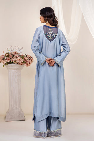 Pakistani Ice Blue Embroidered Silk Tissue Salwar Kameez (3-Piece) - Image 6