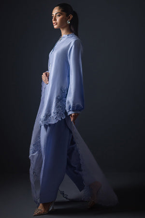 Pakistani Heather Blue Embroidered Silk Salwar Kameez (3-Piece) - Image 4