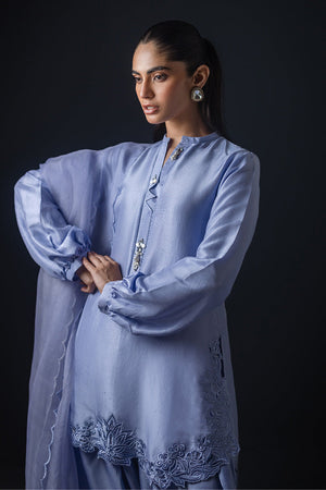 Pakistani Heather Blue Embroidered Silk Salwar Kameez (3-Piece) - Image 5