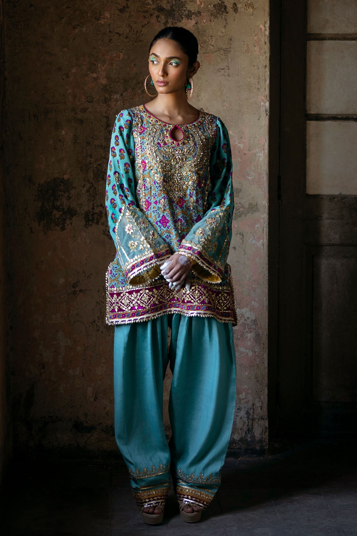 Pakistani Aqua Zardozi & Gota Grip Silk Salwar Kameez (2-Piece) - Image 1