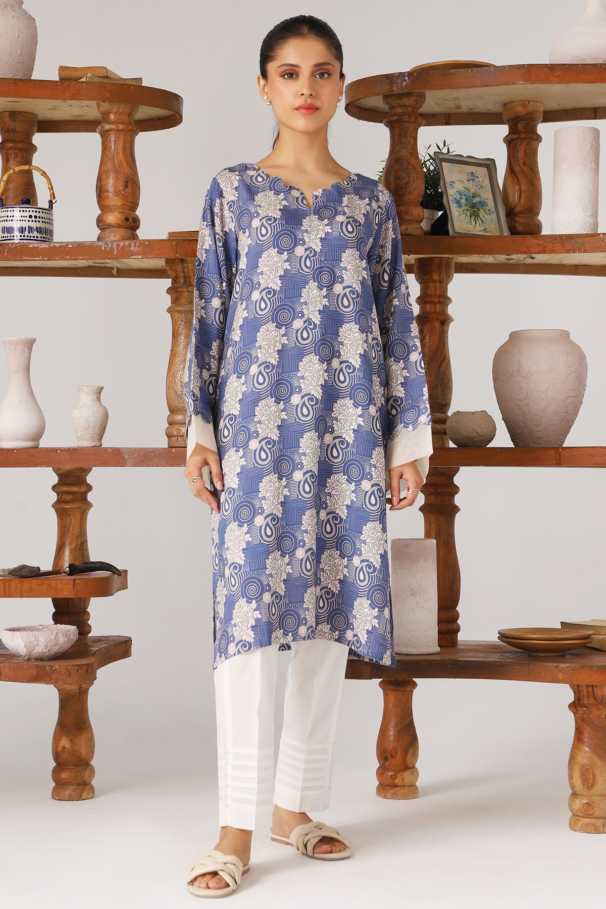 Pakistani Blue Digital Printed Slub Linen Shirt (1-Pc) - Image 1