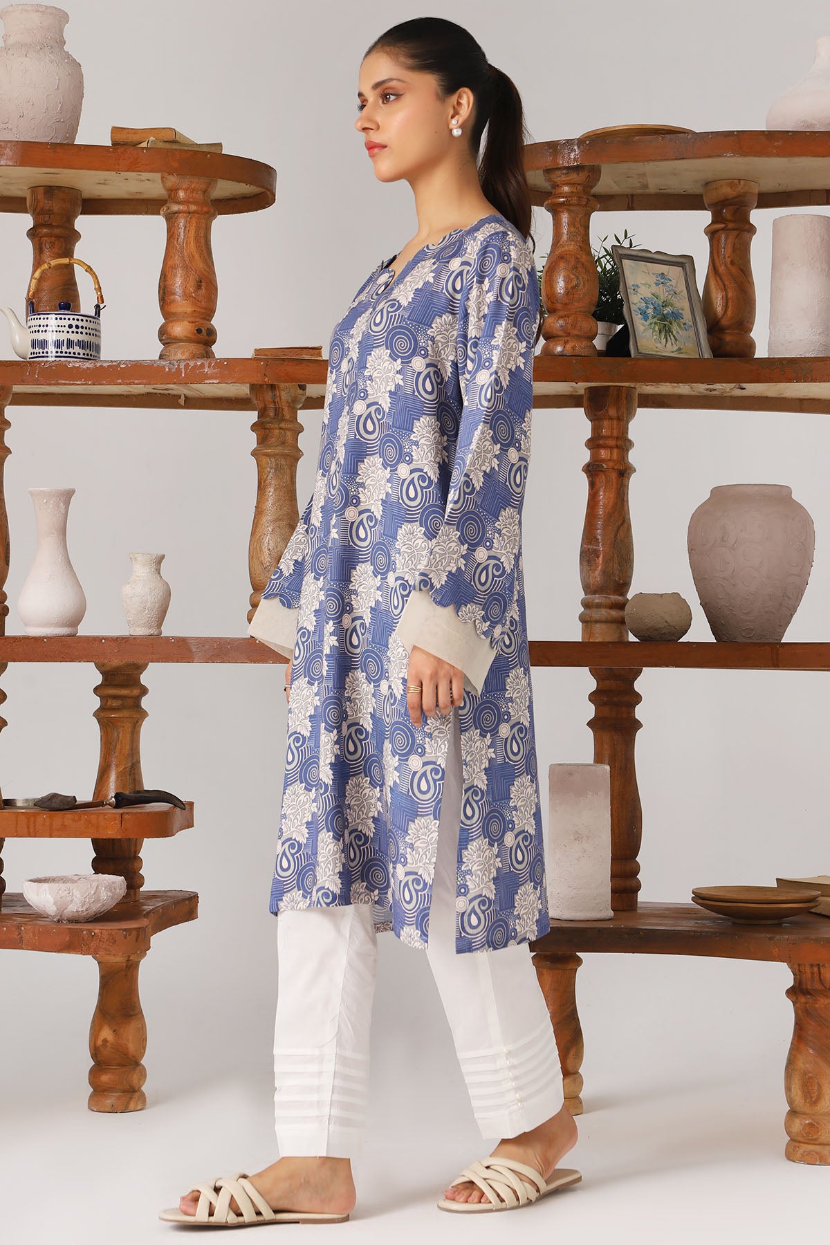 Pakistani Blue Digital Printed Slub Linen Shirt (1-Pc) - Image 2