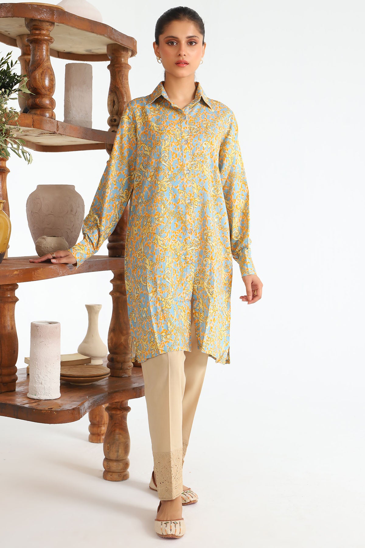 Pakistani Sky Blue Mustard Digital Printed Slub Linen Salwar Kameez (2-Piece) - Image 1