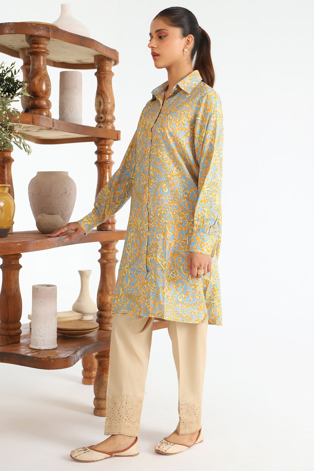 Pakistani Sky Blue Mustard Digital Printed Slub Linen Salwar Kameez (2-Piece) - Image 2