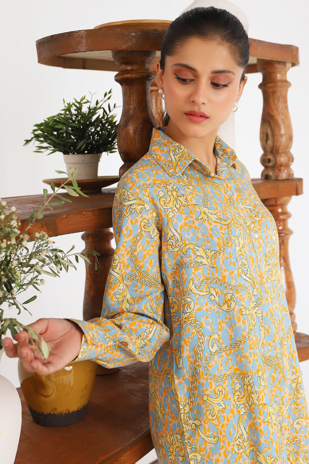 Pakistani Sky Blue Mustard Digital Printed Slub Linen Salwar Kameez (2-Piece) - Image 3