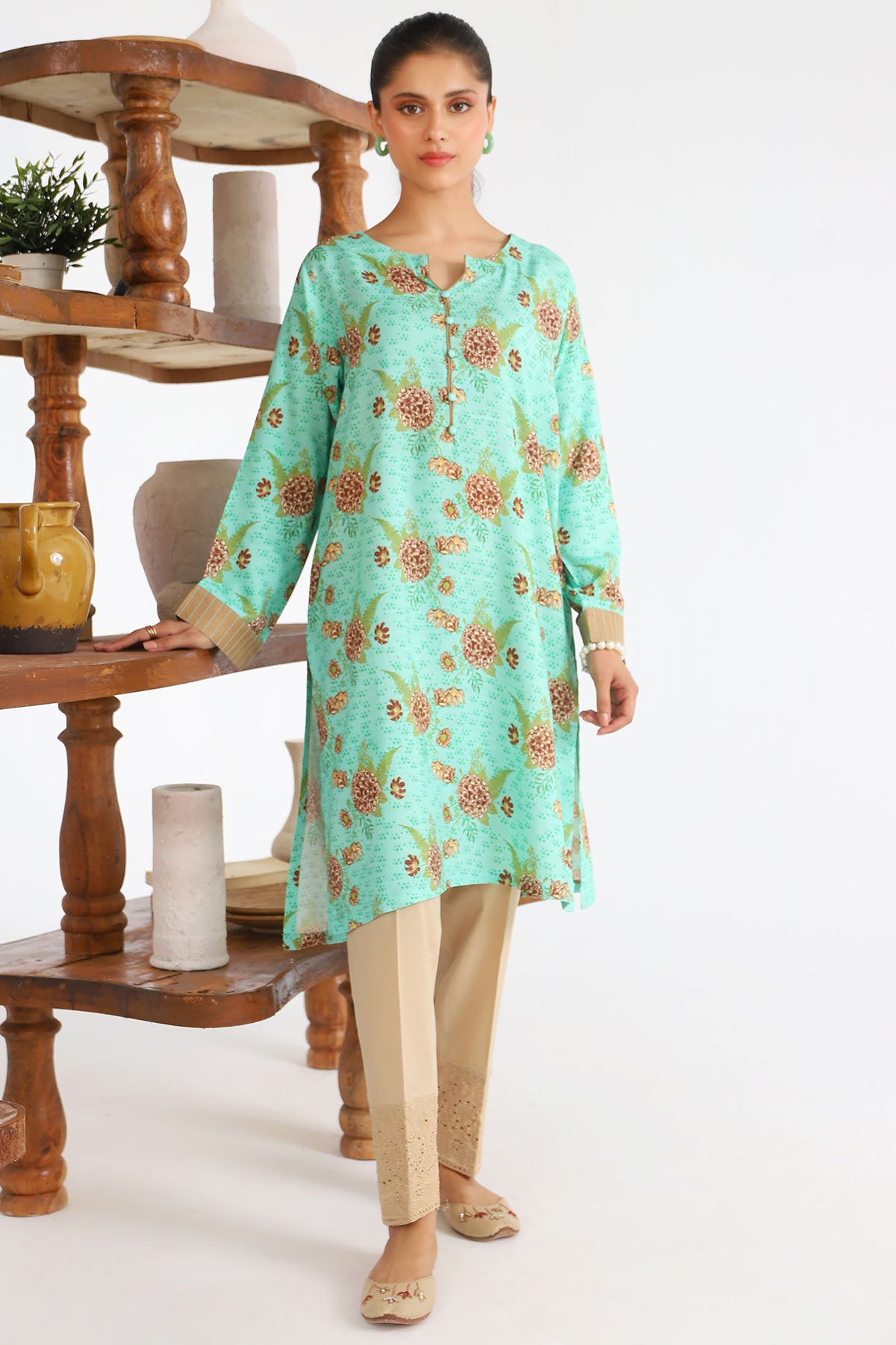 Aqua Digital Printed Slub Linen Shirt (1-Pc) - Image 1