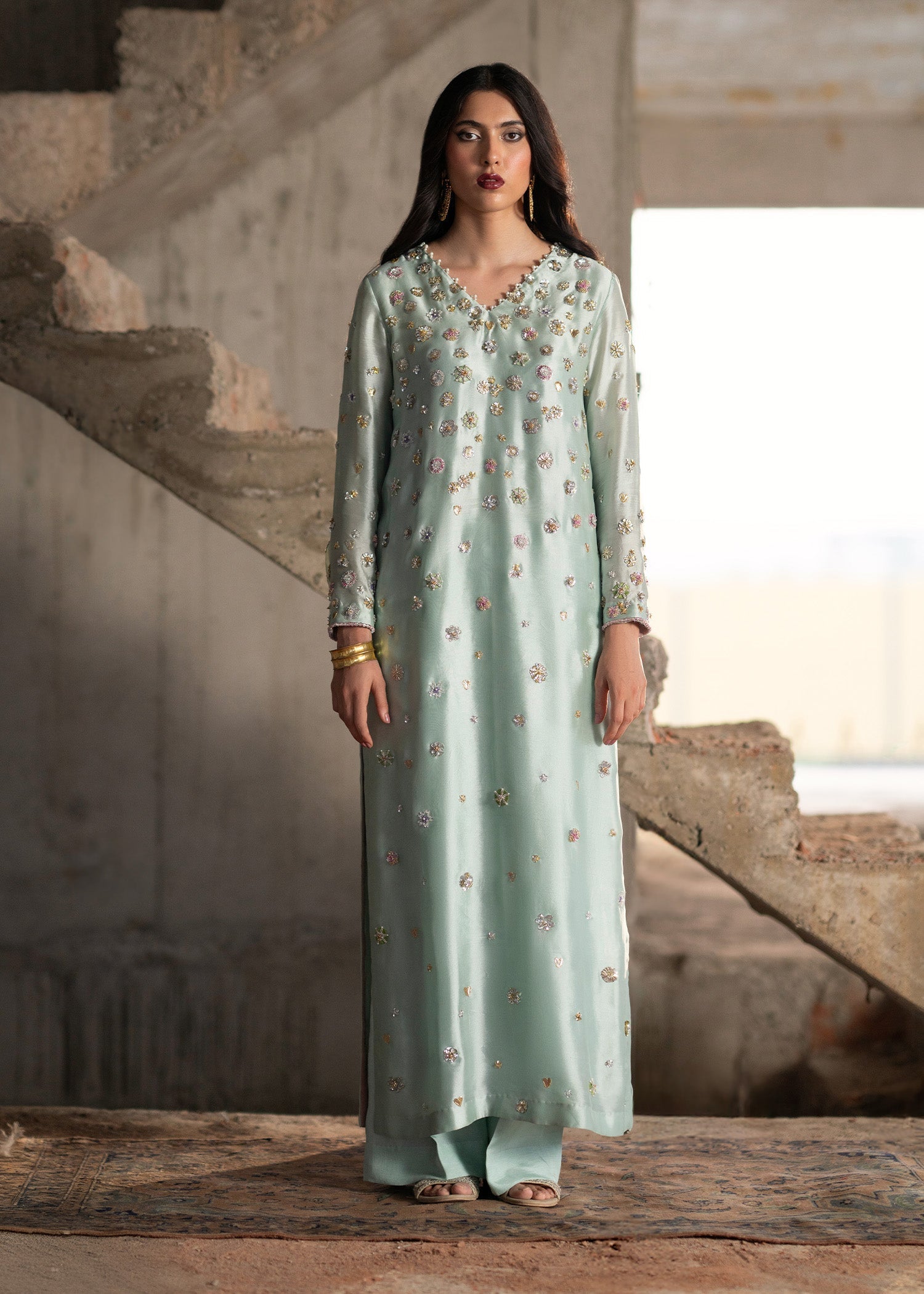 Ice Blue Hand-Embellished Tissue Silk Kurta Set (3-Piece) - Image 1