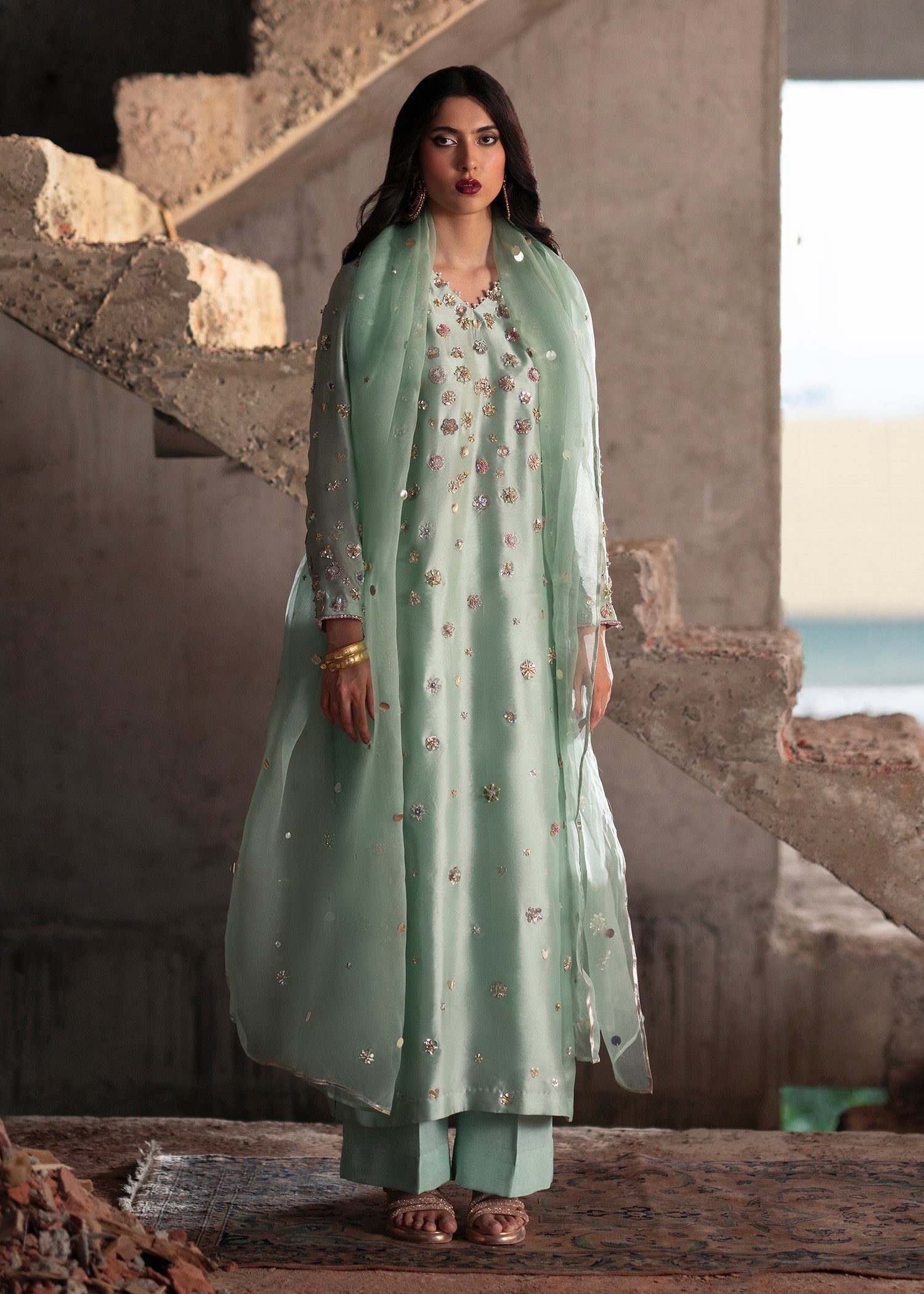 Ice Blue Hand-Embellished Tissue Silk Kurta Set (3-Piece) - Image 6