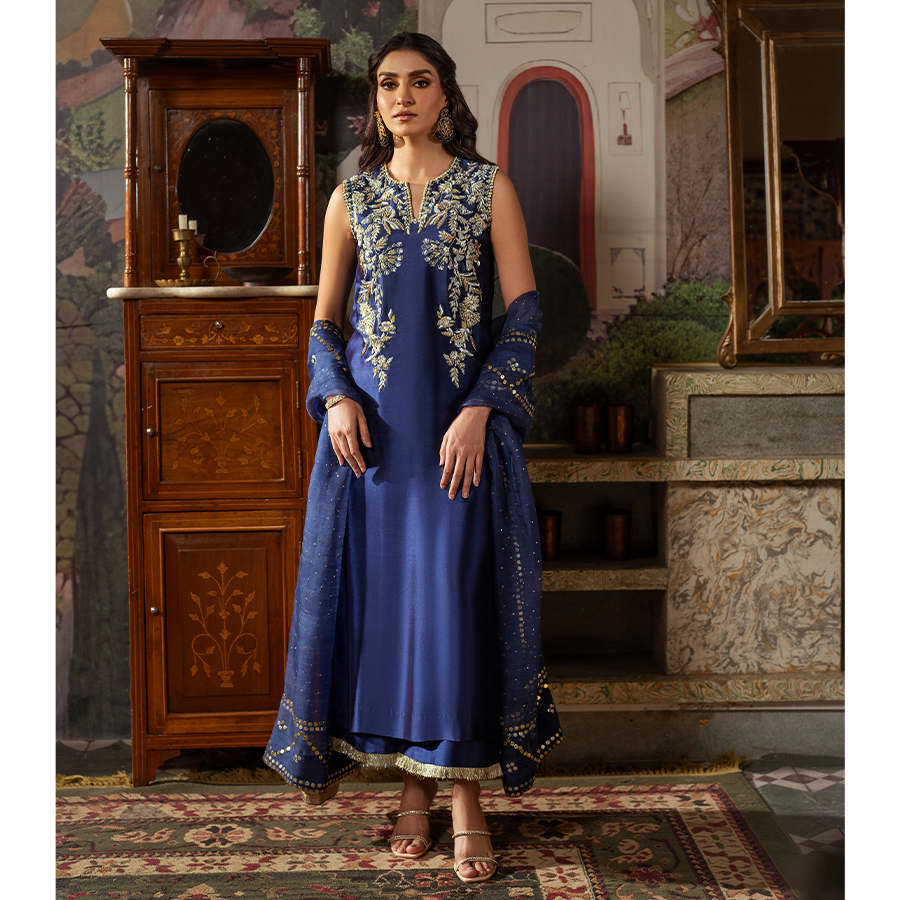 Pakistani Evening Blue Zardozi Tissue Silk Salwar Kameez (3-Piece) - Image 1