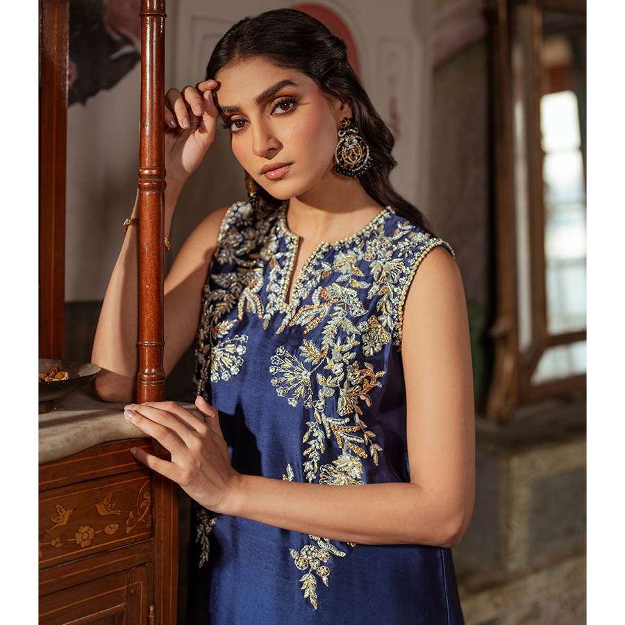 Pakistani Evening Blue Zardozi Tissue Silk Salwar Kameez (3-Piece) - Image 2