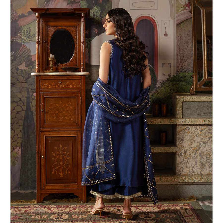 Pakistani Evening Blue Zardozi Tissue Silk Salwar Kameez (3-Piece) - Image 3