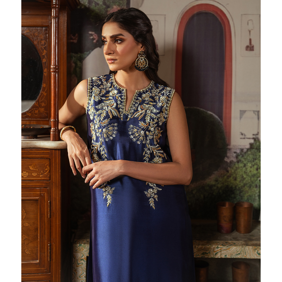 Pakistani Evening Blue Zardozi Tissue Silk Salwar Kameez (3-Piece) - Image 4