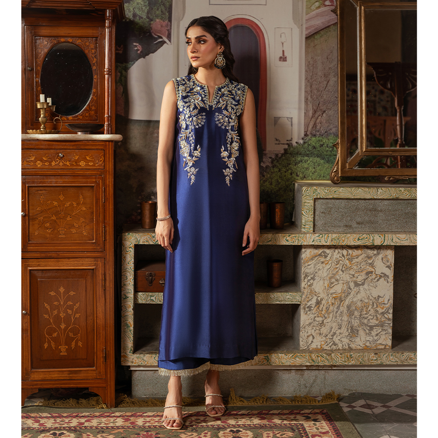 Pakistani Evening Blue Zardozi Tissue Silk Salwar Kameez (3-Piece) - Image 6