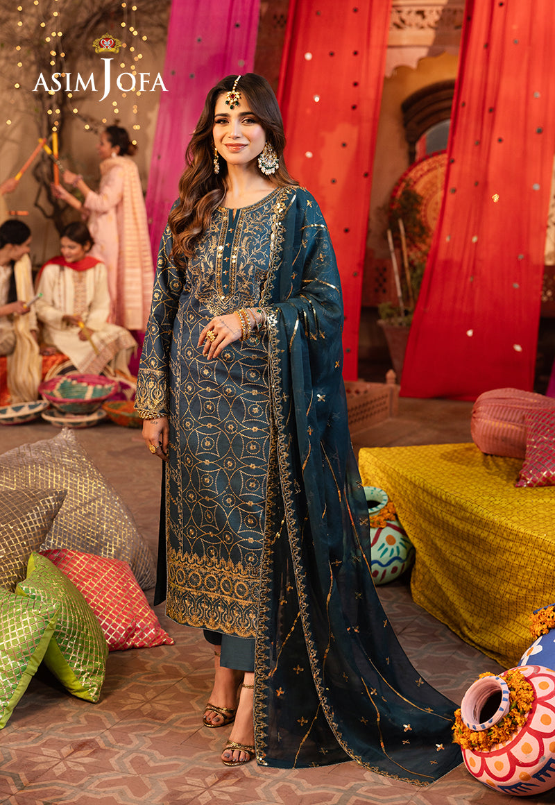 Pakistani Aqua Blue Embroidered Twisted Silk 3-Piece Suit - Image 1