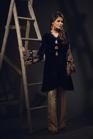 Deep Sapphire Marori & Pearl Velour Salwar Kameez (3-Piece) - Image 1