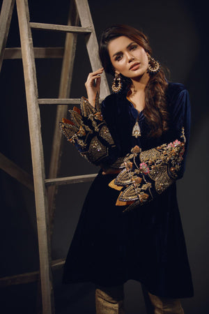 Deep Sapphire Marori & Pearl Velour Salwar Kameez (3-Piece) - Image 2