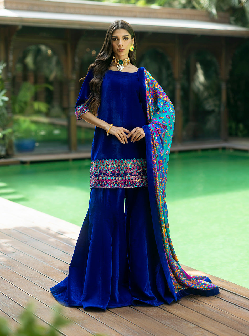 Sapphire Blue Embroidered Velvet Salwar Kameez (3-Piece) - Image 1