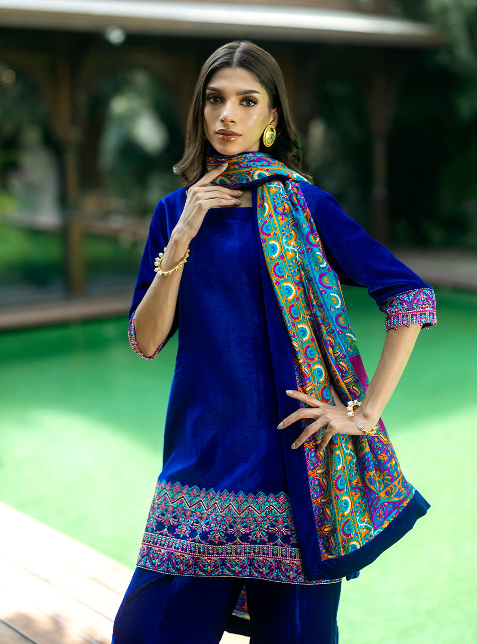 Sapphire Blue Embroidered Velvet Salwar Kameez (3-Piece) - Image 2