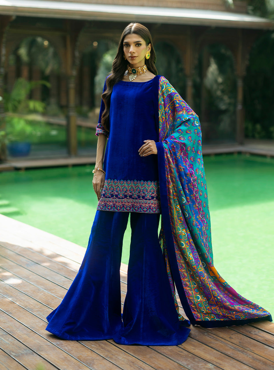 Sapphire Blue Embroidered Velvet Salwar Kameez (3-Piece) - Image 3