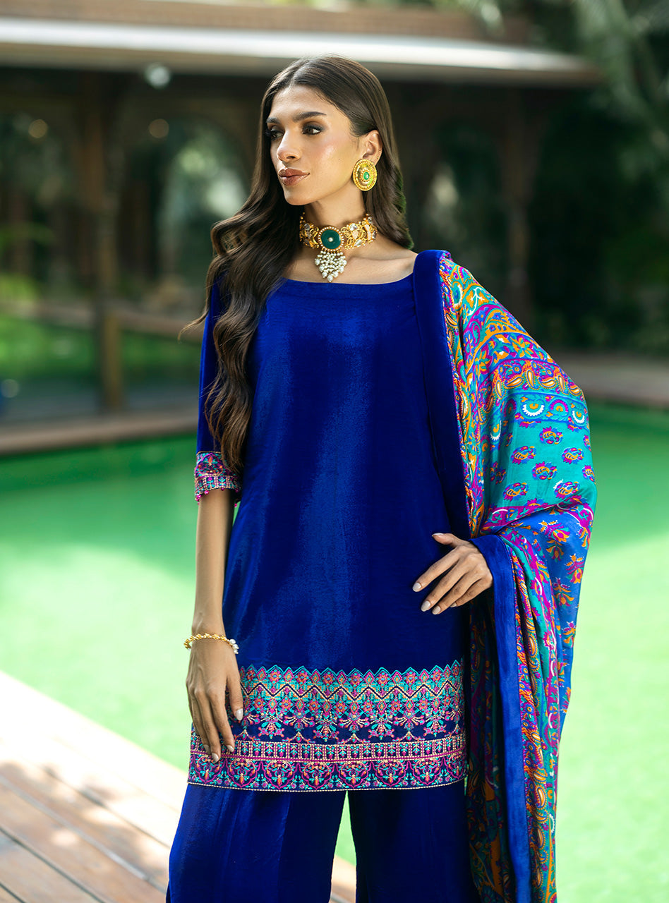 Sapphire Blue Embroidered Velvet Salwar Kameez (3-Piece) - Image 4