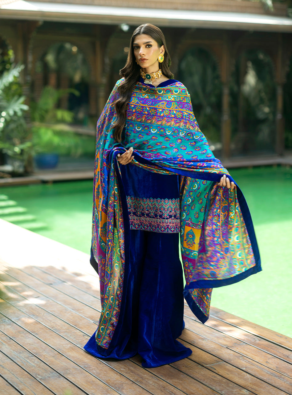 Sapphire Blue Embroidered Velvet Salwar Kameez (3-Piece) - Image 6