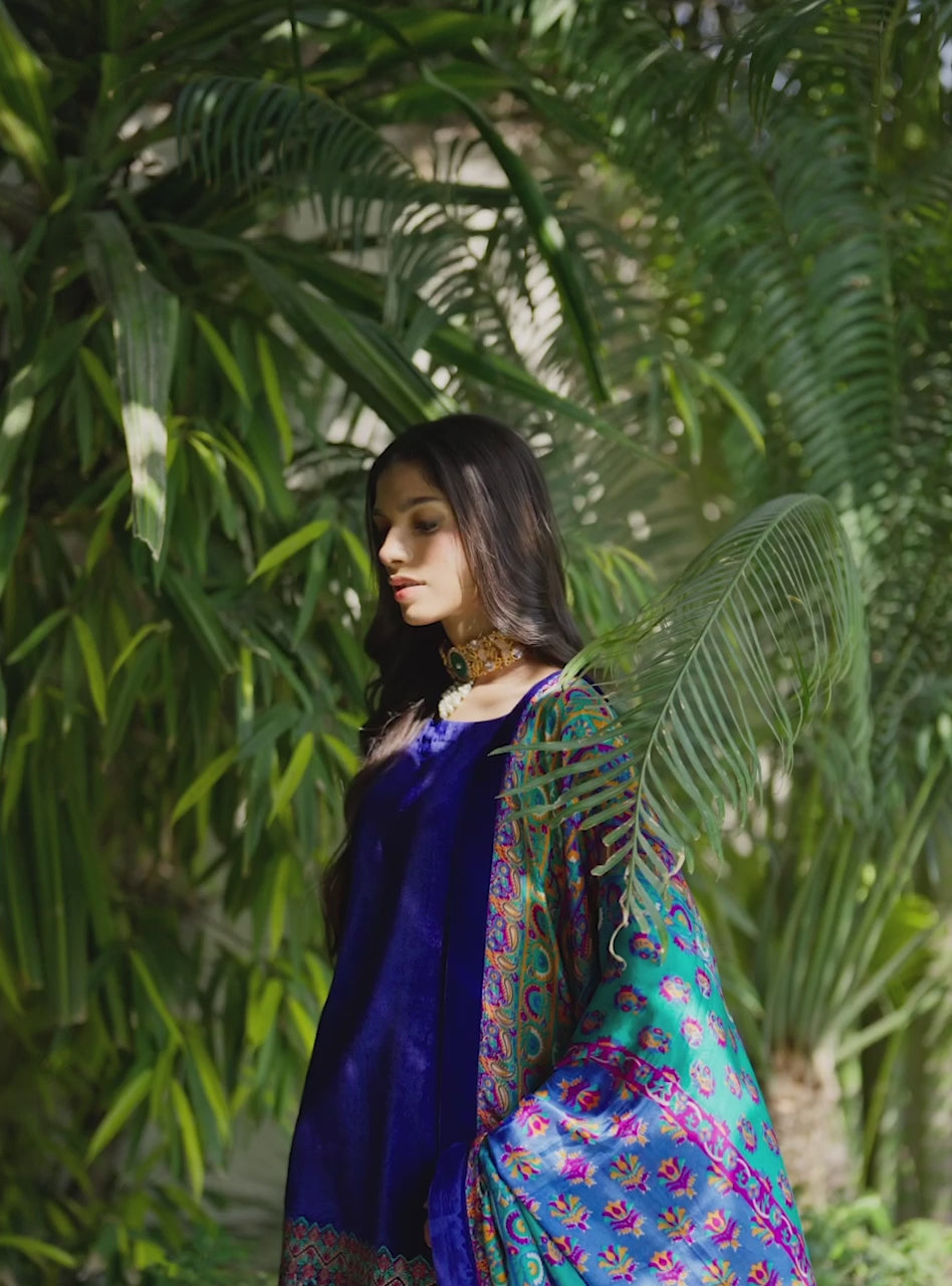 Sapphire Blue Embroidered Velvet Salwar Kameez (3-Piece) - Image 8