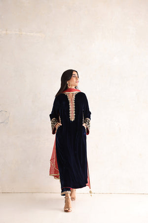 Midnight Blue Gota Embroidered Velvet Salwar Kameez (3-Piece) - Image 1