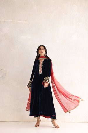 Midnight Blue Gota Embroidered Velvet Salwar Kameez (3-Piece) - Image 4