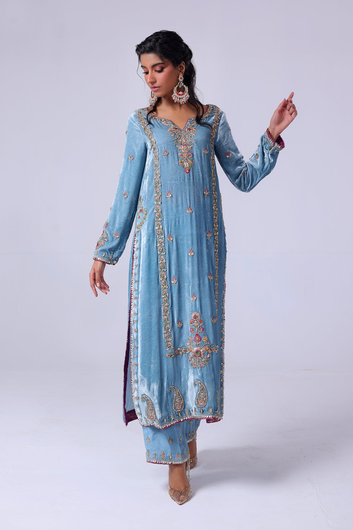 Pakistani Blue Grey Embroidered Velvet Salwar Kameez (2-Piece) - Image 1