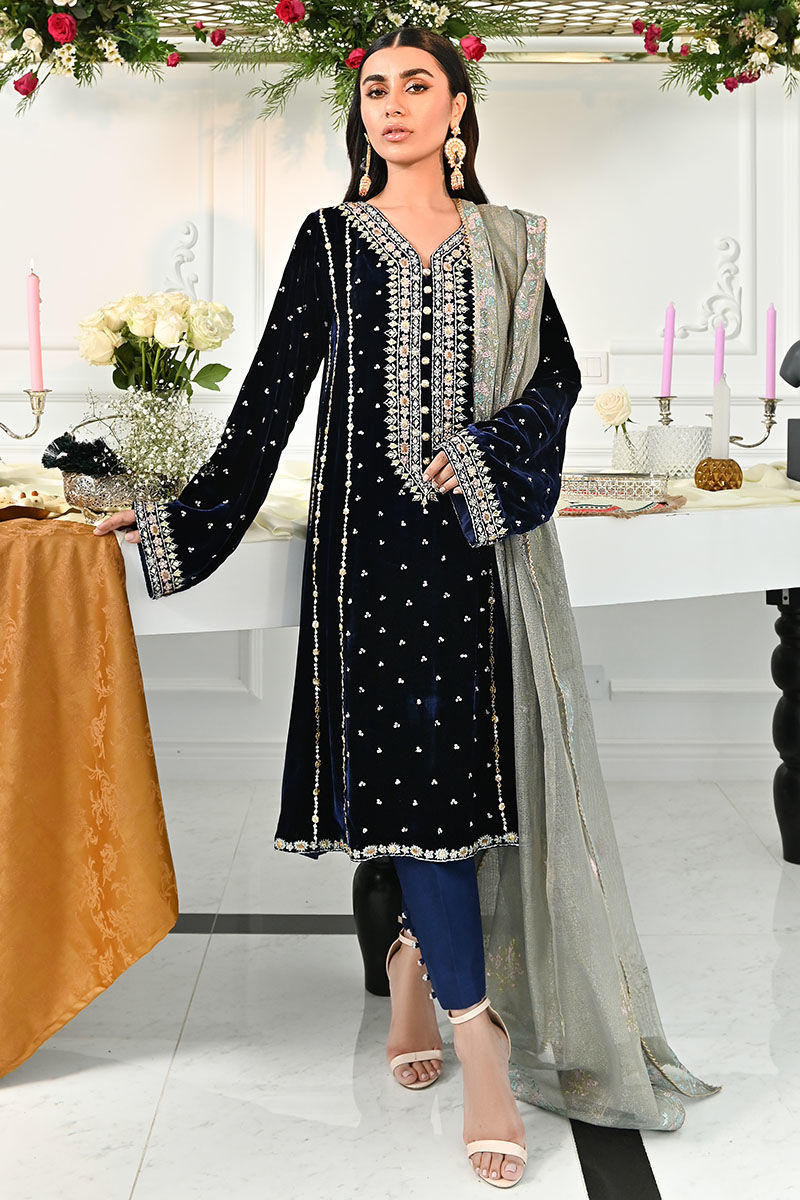 Deep Blue Gota Embroidered Velvet Salwar Kameez (3-Piece) - Image 1