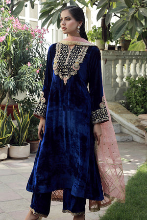 Pakistani Midnight Blue Embroidered Velvet Salwar Kameez (3-Piece) - Image 2