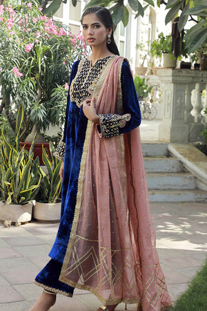 Pakistani Midnight Blue Embroidered Velvet Salwar Kameez (3-Piece) - Image 3