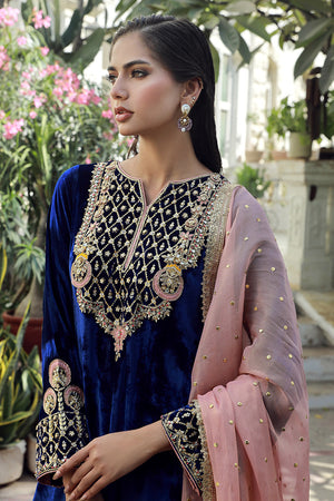 Pakistani Midnight Blue Embroidered Velvet Salwar Kameez (3-Piece) - Image 5