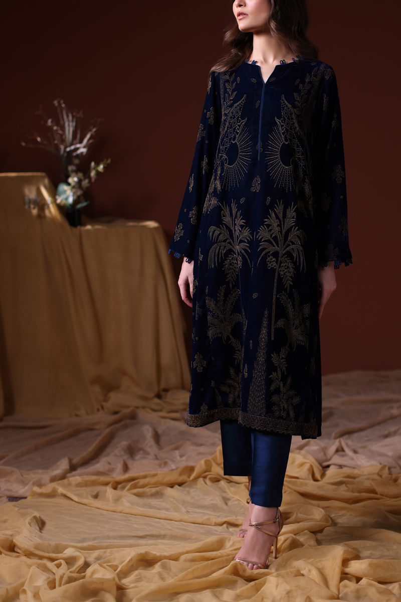 Zinc Blue Screen-Printed Velvet Salwar Kameez (2-Piece) - Image 1