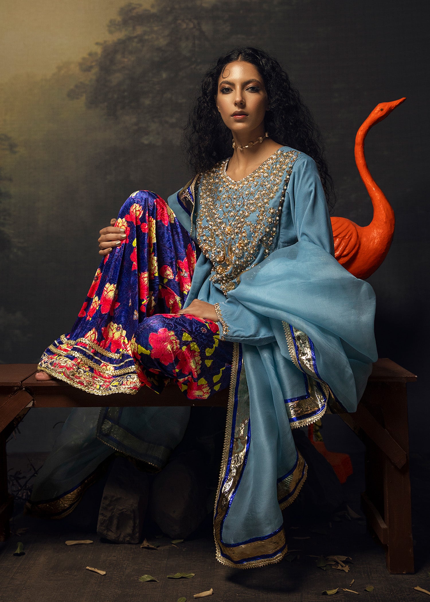 Maya Blue Embellished Velvet Salwar Kameez (3-Piece) - Image 3