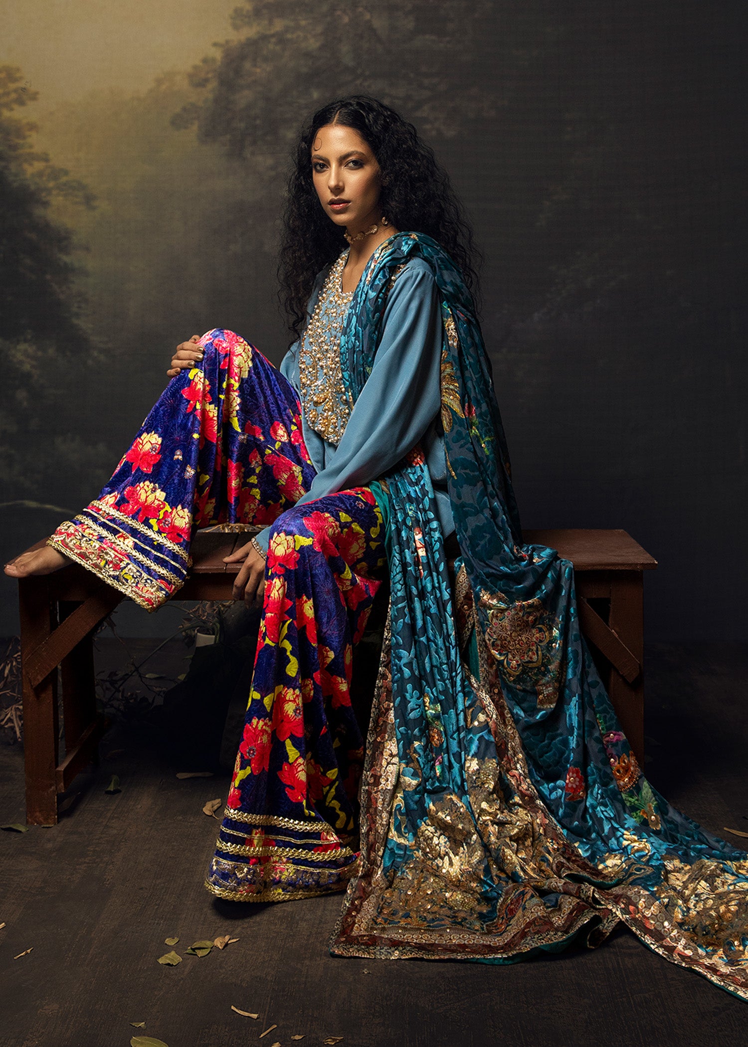 Maya Blue Embellished Velvet Salwar Kameez (3-Piece) - Image 4