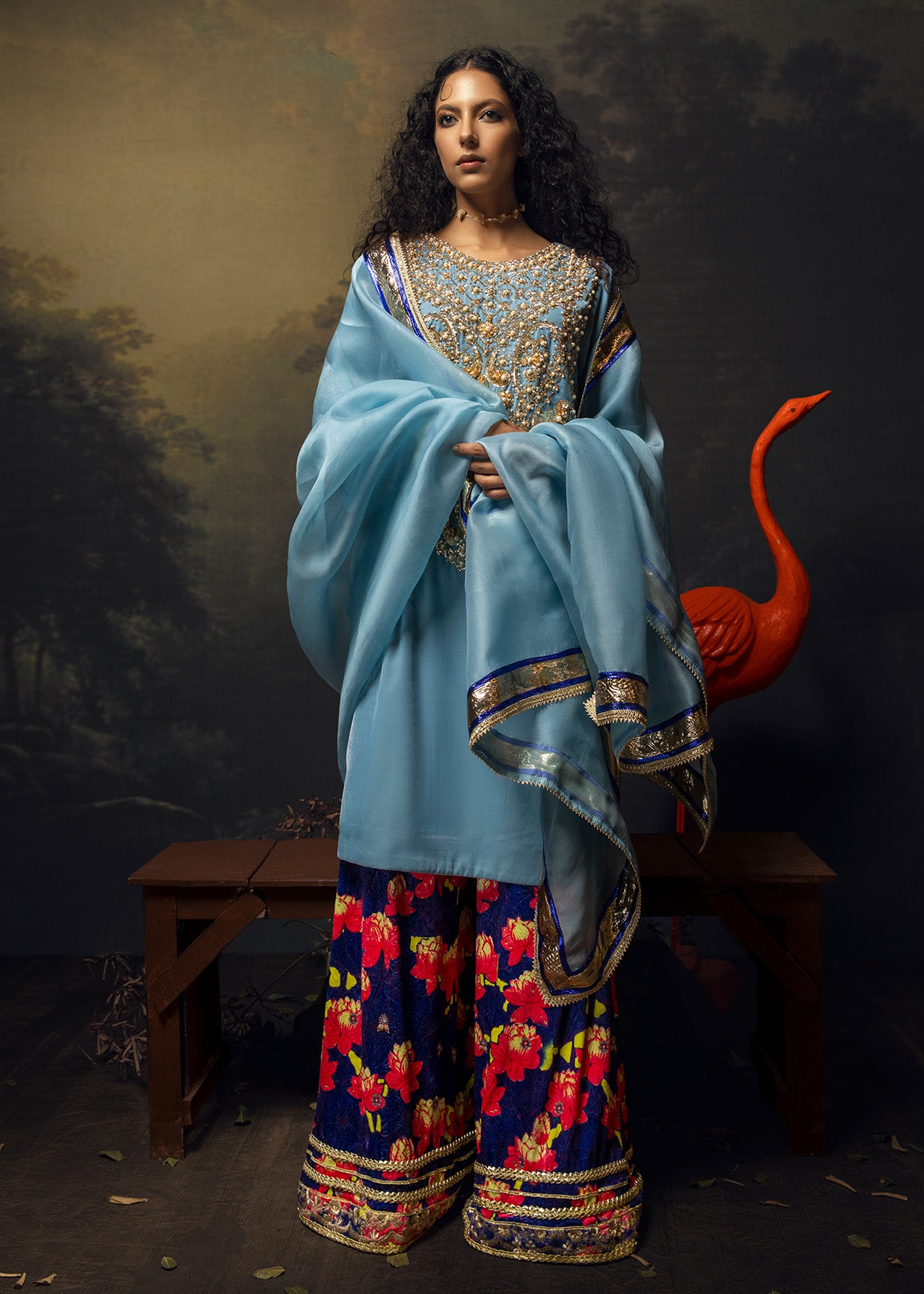 Pakistani Maya Blue Embellished Velvet Salwar Kameez (3-Piece) - Image 1