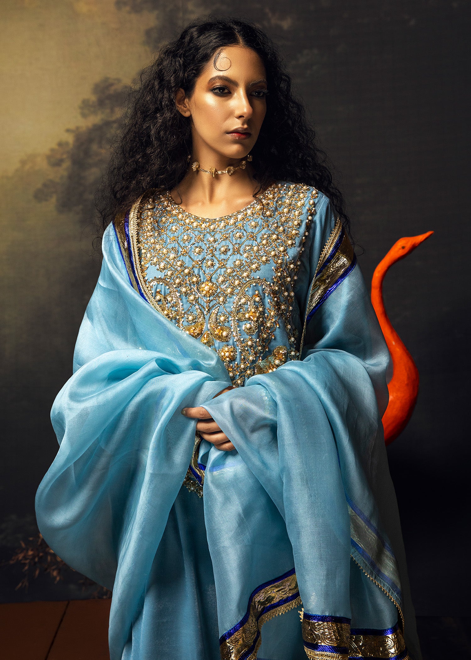 Pakistani Maya Blue Embellished Velvet Salwar Kameez (3-Piece) - Image 2