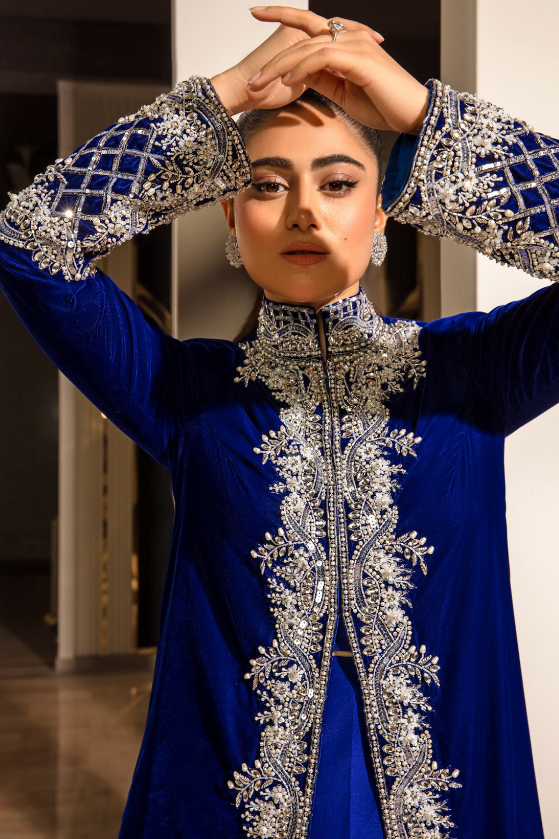 Pakistani Royal Blue Embellished Velvet Slip-Open Gown (2-Piece) - Image 5